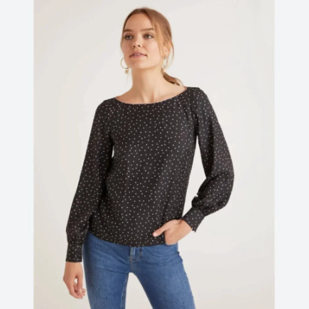 Boden 'Zada' Polka Dot Print Long Sleeve Blouse in Black/Pastel Pink Size 8